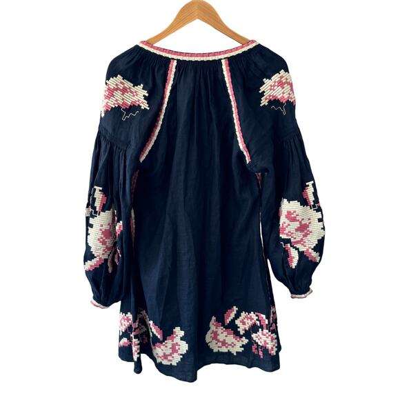 March11‎ Embroidered Linen Tassel Mini Dress Navy Blue Floral Size XS - Picture 4 of 11